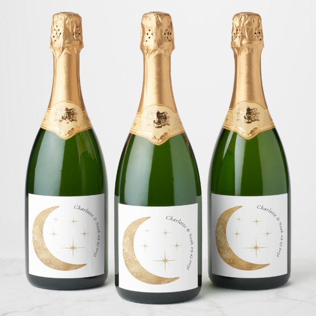Simple Elegant Celestial Gold Moon Stars Wedding Sparkling Wine Label (Bottles)