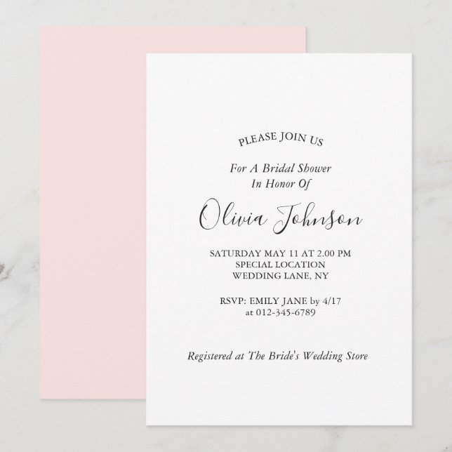 Simple Elegant Chic Blush Pink Bridal Shower  Invitation (Front/Back)