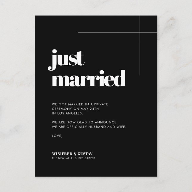 Simple elegant & chic Just married Postcard (Front)