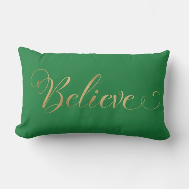 Simple Elegant Christmas Believe Gold Green Lumbar Cushion (Front)