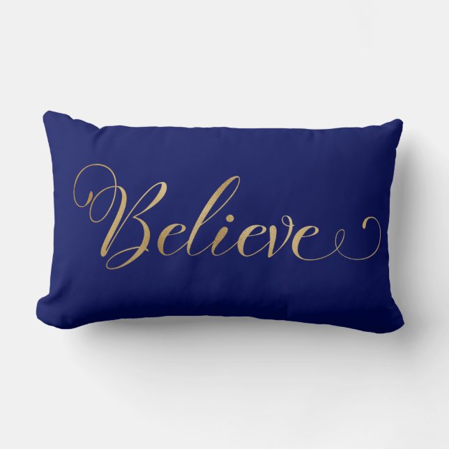 Simple Elegant Christmas Believe Gold Navy Blue Lumbar Cushion (Front)