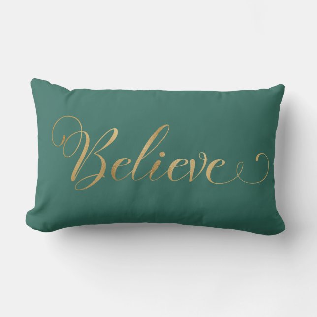 Simple Elegant Christmas Believe Gold Teal Lumbar Cushion (Front)