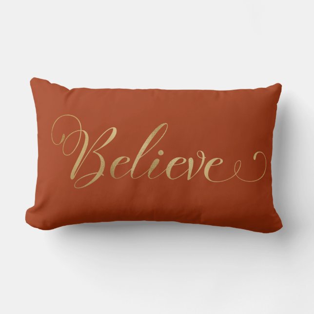 Simple Elegant Christmas Believe Gold Terracotta Lumbar Cushion (Front)