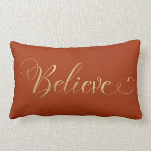 Simple Elegant Christmas Believe Gold Terracotta Lumbar Cushion