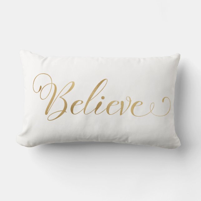 Simple Elegant Christmas Believe Gold White Lumbar Cushion (Front)