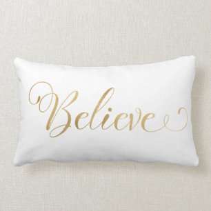 Simple Elegant Christmas Believe Gold White Lumbar Cushion
