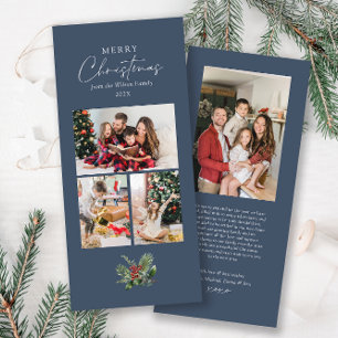 Simple Elegant Christmas Botanical 3 Photo Collage Holiday Card