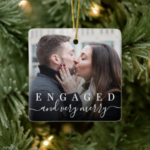 Simple Elegant Christmas Engaged 2 Photo Ceramic Ornament
