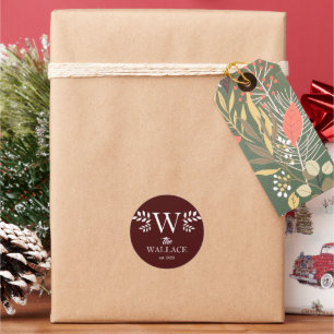  Simple Elegant Christmas Family Monogrammed  Classic Round Sticker