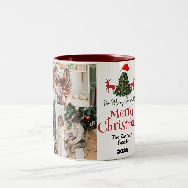Simple Elegant Christmas Family Photo Collage Two-Tone Coffee Mug (Center)