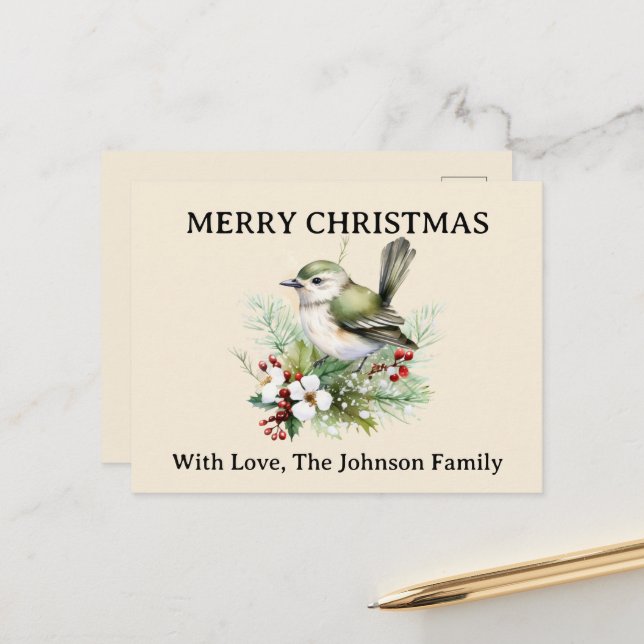 Simple Elegant Christmas Floral Bird Nature Holiday Postcard (Front/Back In Situ)