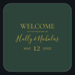 Simple Elegant Christmas | Green Wedding Welcome Square Sticker<br><div class="desc">This simple elegant Christmas | green wedding welcome square sticker is perfect for your minimalist modern winter wedding. The classic gold luxury calligraphy, along with the traditional green background, is sure to complete the colourful holiday vibe you're looking for. You can personalise with your own photos or graphics or keep...</div>