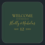 Simple Elegant Christmas | Green Wedding Welcome Square Sticker<br><div class="desc">This simple elegant Christmas | green wedding welcome square sticker is perfect for your minimalist modern winter wedding. The classic gold luxury calligraphy, along with the traditional green background, is sure to complete the colourful holiday vibe you're looking for. You can personalise with your own photos or graphics or keep...</div>