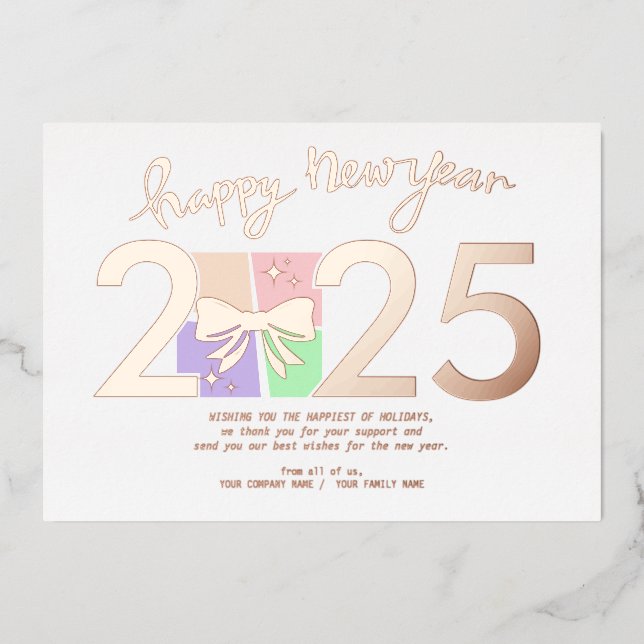 Simple Elegant Christmas New Year Gift Box Bow Foil Holiday Card (Front)