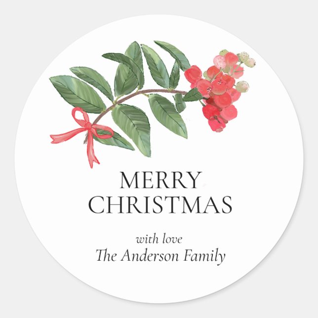 Simple Elegant Christmas Watercolor Botanical Classic Round Sticker (Front)