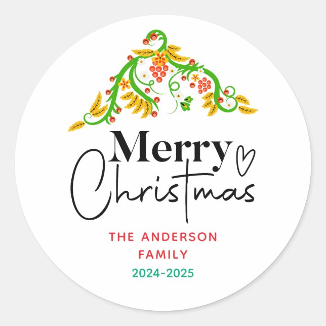 Simple Elegant Christmas Watercolor Botanical Classic Round Sticker (Front)