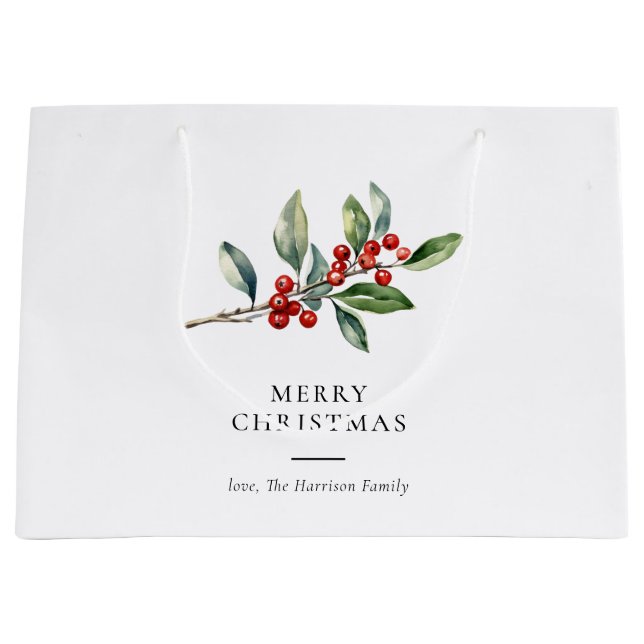 Simple Elegant Christmas Watercolor Botanical Large Gift Bag (Front)