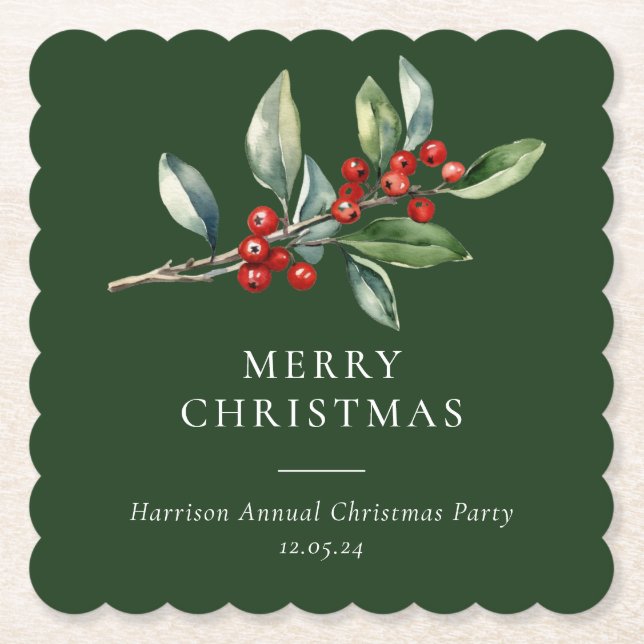 Simple Elegant Christmas Watercolor Botanical Paper Coaster (Front)