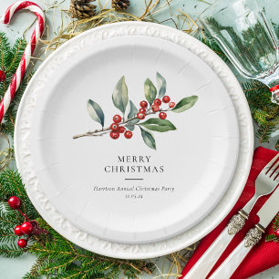Simple Elegant Christmas Watercolor Botanical Paper Plate