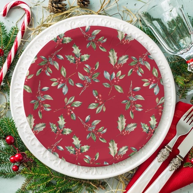 Simple Elegant Christmas Watercolor Botanical Paper Plate (Creator Uploaded)