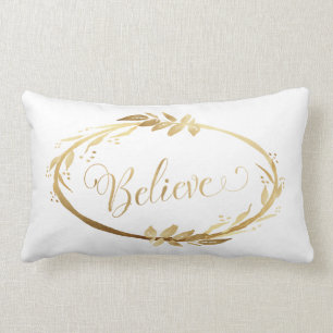 Simple Elegant Christmas Wreath Believe Gold White Lumbar Cushion