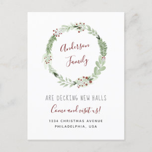 Simple Elegant Christmas Wreath Calligraphy Moving Announcement Postcard