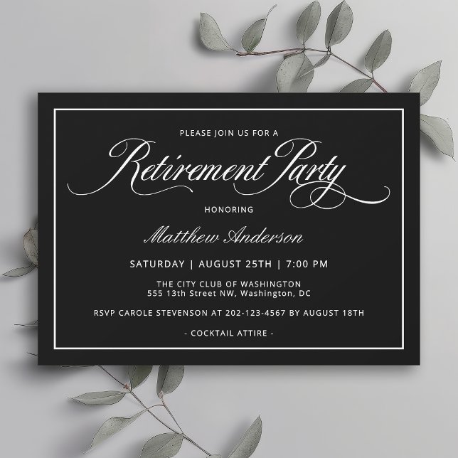 Simple Elegant Classic Black Retirement Party Invitation (Available in both printed and instant download digital formats.)