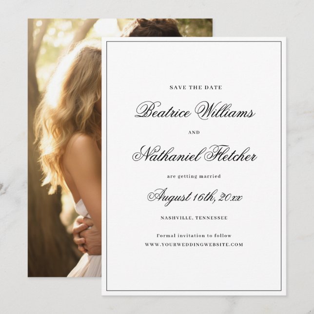Simple Elegant Classic Black & White Photo Wedding Save The Date (Front/Back)