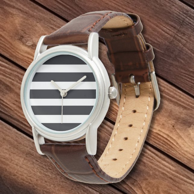Simple Elegant Classic Black White Stripes Leather Watch (Simple Elegant Modern Classic. Black & White Stripes Silver and Leather Strap Watch.)