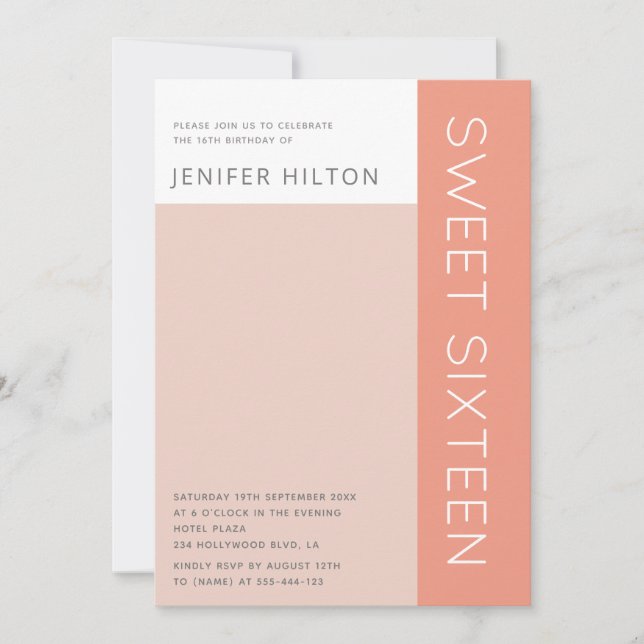 Simple elegant colour block sweet sixteen invitati invitation (Front)
