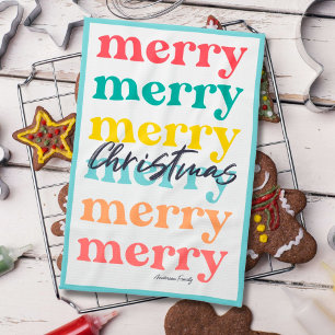 Simple Elegant Colourful Blue Merry Christmas Tea Towel