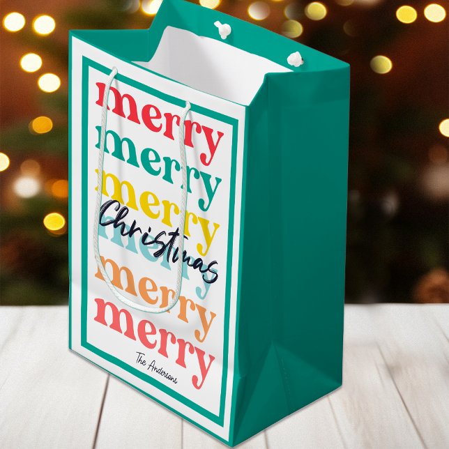 Simple Elegant Colourful Red Green Merry Christmas Medium Gift Bag (Creator Uploaded)