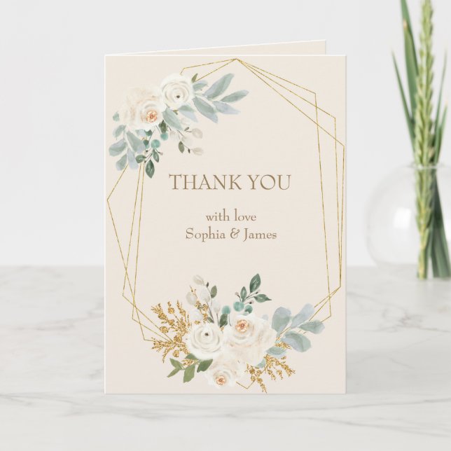 Simple Elegant Cream Gold Floral Frame Wedding Thank You Card (Front)