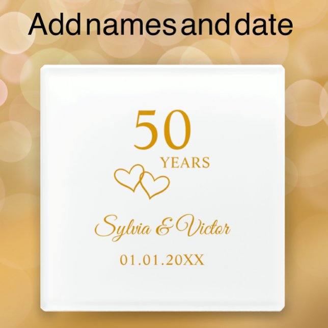 Simple Elegant Custom Golden 50th Anniversary Glass Coaster (Personalize this template for a custom glass coaster 50th anniversary keepsake gift.
)