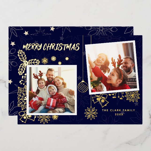 Simple Elegant Dark Blue 2 Photo Frames Family Foil Holiday Card (Front/Back)