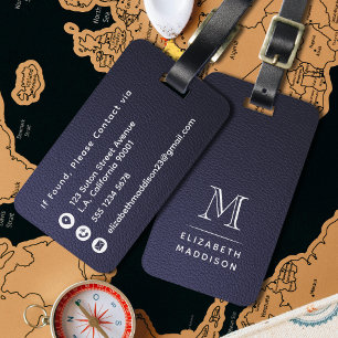 Simple Elegant Dark Blue Leather White Monogram Luggage Tag