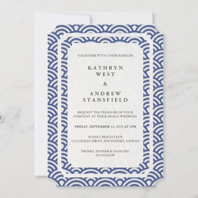 Simple Elegant Dark Blue + White Beach Wedding Invitation (Front)