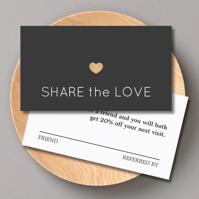 Simple Elegant Dark Grey White Gold Heart  Referral Card (Creator Uploaded)