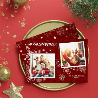 Simple Elegant Dark Red 2 Photo Frames Family Holiday Card