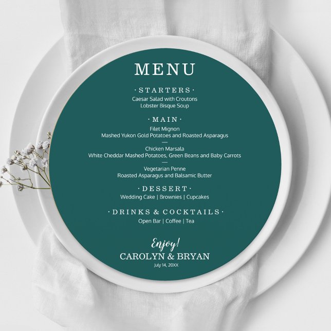 Simple Elegant Dark Teal Round Wedding Menu (Creator Uploaded)