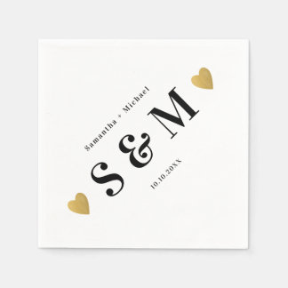 Simple Elegant Diagonal Monogram Gold Hearts Party Napkin
