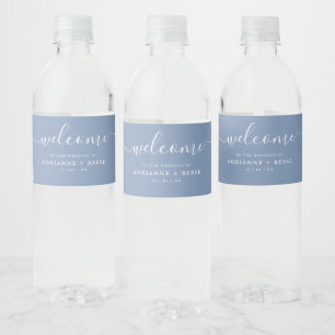 Simple Elegant Dusky Blue and White Wedding Water Bottle Label