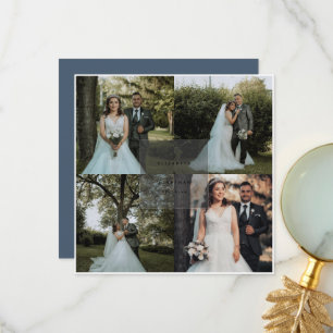Simple Elegant Dusty Blue 4 Photo Collage Wedding Thank You Card