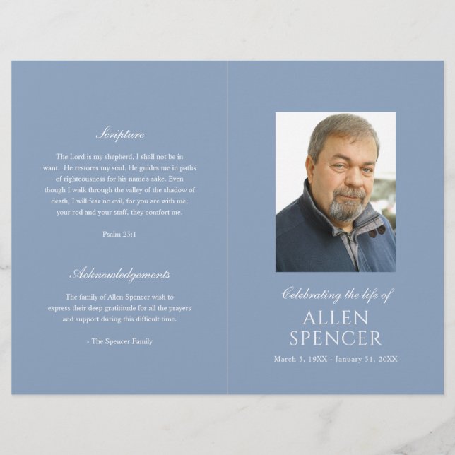 Simple Elegant Dusty Blue Modern Funeral Program (Front)