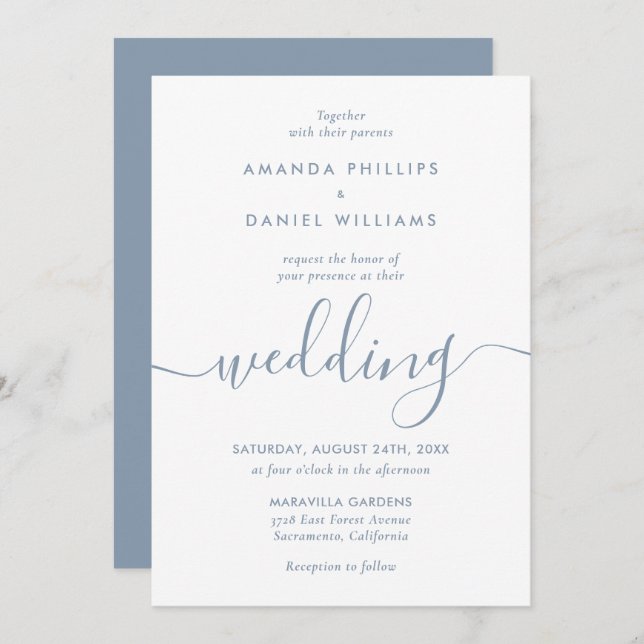 Simple Elegant Dusty Blue Modern Script Wedding Invitation (Front/Back)