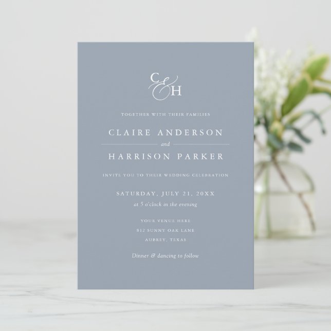 Simple Elegant Dusty Blue Monogram Wedding Invitation (Standing Front)