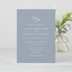 Simple Elegant Dusty Blue Monogram Wedding Invitation