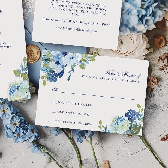 Simple Elegant Dusty Blue Navy Floral Wedding RSVP (This dusty blue, floral RSVP card coordinates with my Juliette collection.)