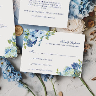 Simple Elegant Dusty Blue Navy Floral Wedding RSVP Card