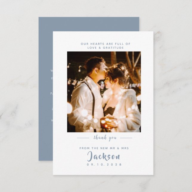 Simple elegant dusty blue with photo Wedding Thank You Card (Front/Back)